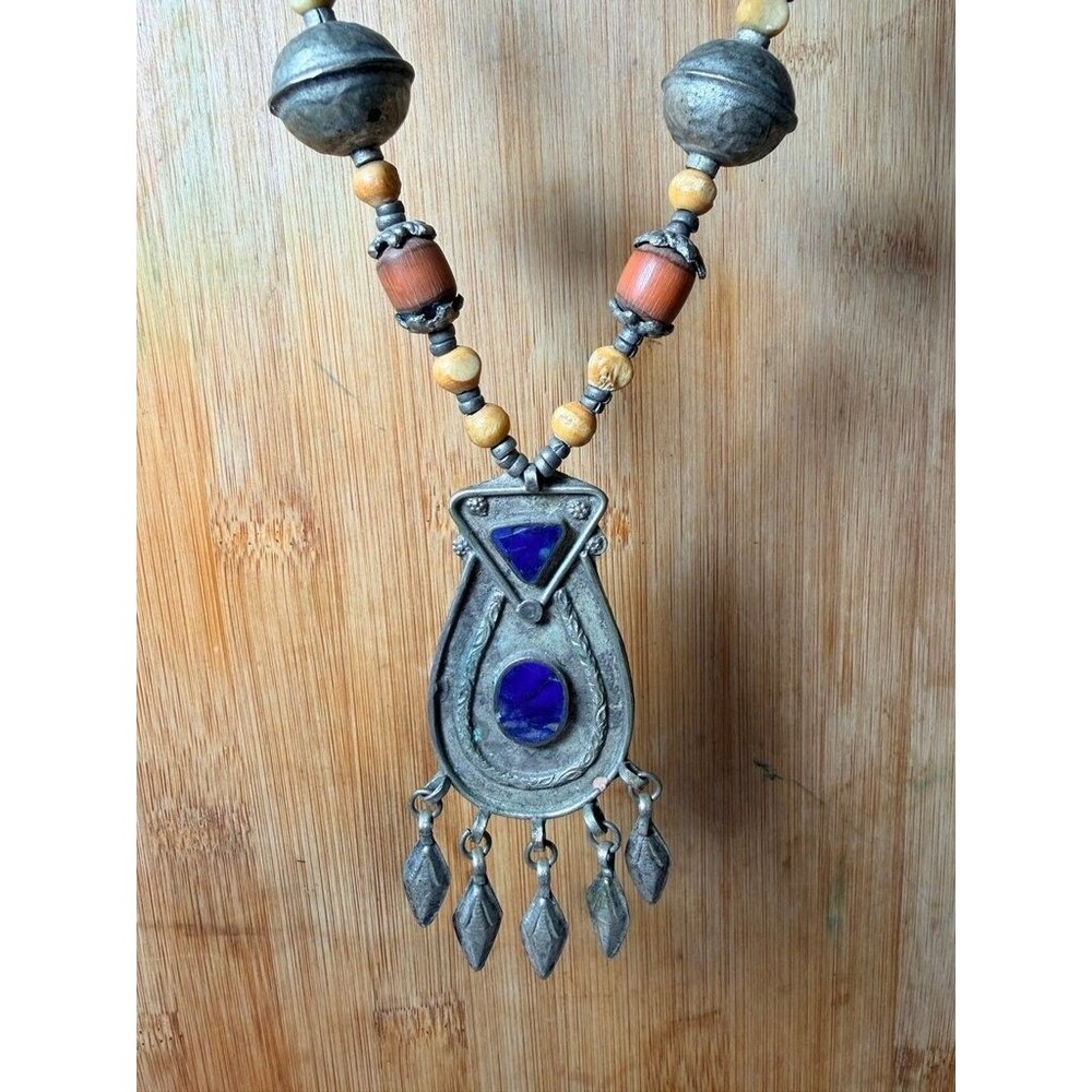 Vintage Tribal Afghan Kuchi Pendant Necklace with Blue Stones and Mixed Beads